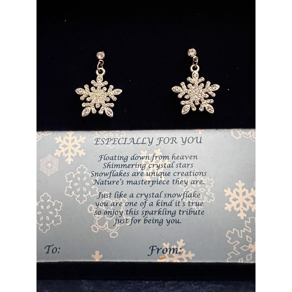 Crystal Star Snowflakes Dangle Post Earrings - New in Gift Box